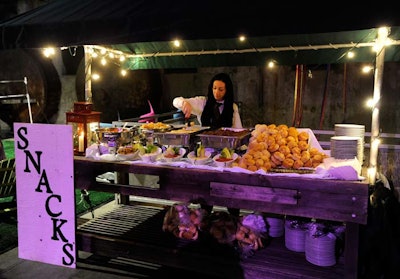 Event organizers used the Distillery District's wooden carts as concession stands for mini hamburgers and French fries.