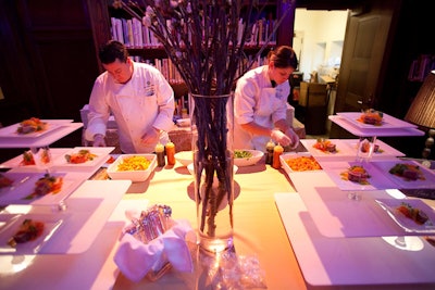 The Catered Affair executive chef Matt Donegan and executive pastry chef Amy Dieso plated carrot ribbon salad with aromatic spices, mint, oranges, and sliced seared tuna.