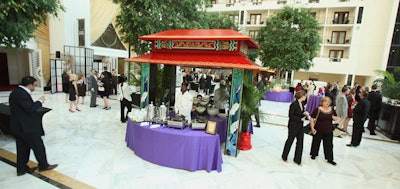 The cocktail reception in the Gaylord National's Cherry Blossom Foyer featured stir fry stations from InStyle Caterers housed in Japanese pagodas.
