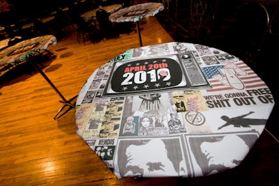 Borrowing directly from the musical, Tobak used prints of the show's backdrop, created by scenic designer Christine Jones, and stapled them to the tables and highboys.