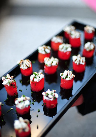 Thierry's Catering provided passed hor d'oeuvres like watermelon cups filled with goat cheese mousse and drizzled with aged balsamic vinegar.