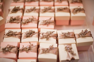 The dessert table held treats like cheesecake lollipops, jars of pineapple gummy bears, and boxes of shortbread cookies and pecan clusters from Churchill's Fine Gourmet Gifts.