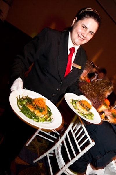 The vegetarian entrée was a risotto cake with fresh spinach and a cassoulet of spring beans, sugar snap peas, and rosemary.