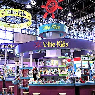 Little Kids' booth was a brand-laden, eye-catching sight, composed of two large circular booths that had individual stations where reps could demonstrate the company's foam and bubble-making products.