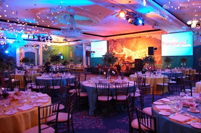 Strands of white lights and decorative fish hung from the ceiling in the dining room, dressed in yellow and turquoise.