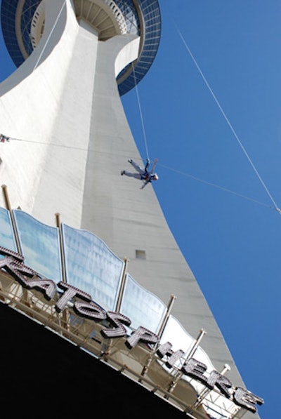 The new SkyJump Las Vegas attraction allows willing participants to jump 829 feet off of the Stratosphere tower.