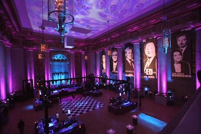 Banners promoting MSNBC's shows and personalities hung between columns inside the Mellon.