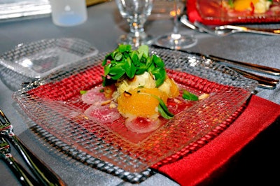 The three-course meal began with carpaccio of watermelon radish with a spring salad of artichoke hearts, fennel, and orange segments with toasted almonds and mache lettuce.