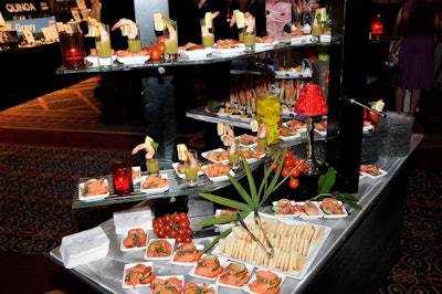 Appetizers were presented on buffets and at chef stations.