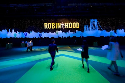 Producers used familiar Robin Hood branding and silhouettes of a cityscape as background for the cocktail area.