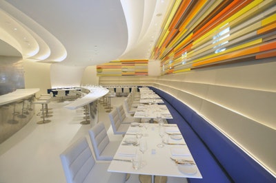Adjacent to the museum's rotunda, the Wright is a 58-seat restaurant with an architectural design by Andre Kikoski and a site-specific installation by artist Liam Gillick.