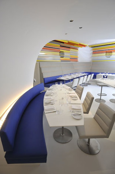The eatery has fluid lines and a modern aesthetic.