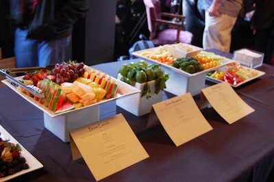 Hors d'oeuvres included platters of fruits and vegetables as well as passed items like smoked duck and wild boar.