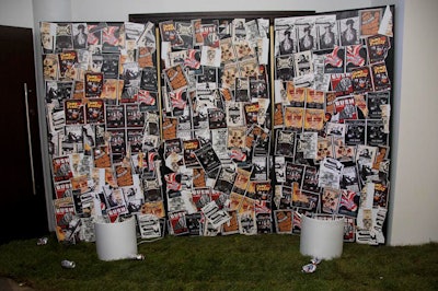 For the rock-theme after-party, designers plastered the entrance with old concert posters and littered the sod with empty beer cans.