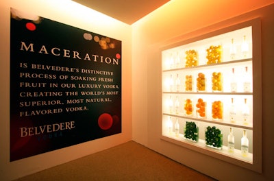 At the ground-floor entrance, Belvedere emphasized its other flavors of maceration vodkas with signage and a fruit-filled display.