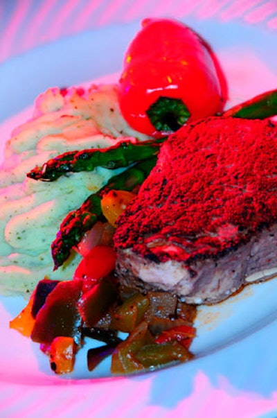 The hotel served a main course of grilled beef tenderloin with peppercorn sauce on a bed of stir fried peppers, onions, and Japanese eggplant accompanied by watercress-infused potato mash.