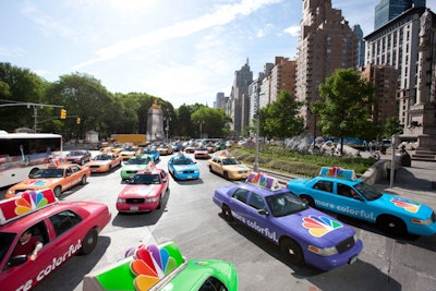NBC promoted its slogan, 'More colorful,' with a group of brightly hued cabs that drove around Midtown before stopping in front of the Hilton.