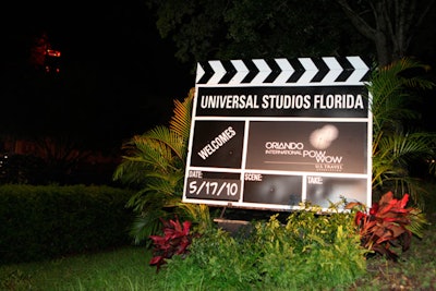 A large clapper board welcomed Pow Wow delegates into Universal Studios for the finale dessert party and concert at Universal Music Park.