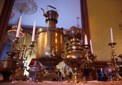 Vintage samovars decorated the Yellow Hall, which became a Russian tearoom.