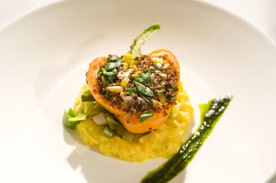 For a vegetarian entree, Ridgewells served red quinoa, feta, and spinach-stuffed peppers with celery root puree and melting leeks.