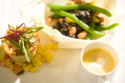 The dinner kicked off with an appetizer trio of a sweet corn tamale on a bed of poblano corn salsa; a pinto, black and green bean salad served in a corn husk; and chilled butternut squash soup.