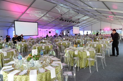 43degrees Design Collective used a green and white colour palette for the dinner, held in a tent on the facility's Queen West grounds.