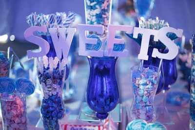 A candy buffet toward the entrance had a mostly blue palette.
