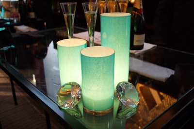 Event Creative's after-party decor included prop diamonds and turquoise candleholders.