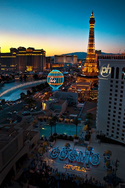 The stunt produced a nighttime aerial shot with Las Vegas's signature skyline in the background.