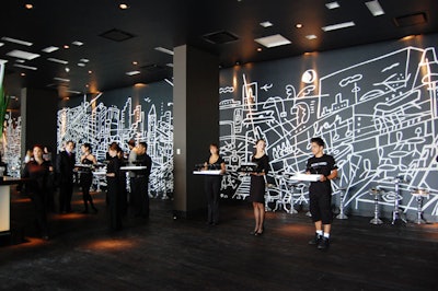 Event planner Mafalda Caruso took a cue from artist Javier Mariscal's mural and adopted a black-and-white theme in the hotel lobby.