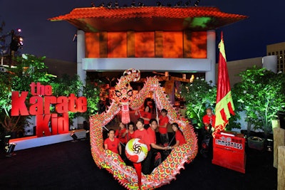 A troupe performed a dragon dance for guests at the party.