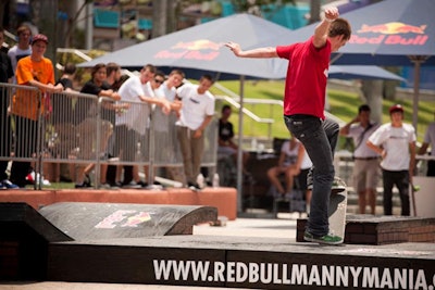 Hazard County Skatepark once again created the custom manny pad for the competition with multiple ramps, rails, and Red Bull branding.