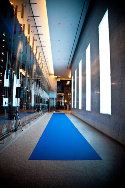 Guests walked an 80-foot Luminato blue carpet through the south corridor of the lobby at the Bay Adelaide Centre, which features a permanent light installation by James Turrell.