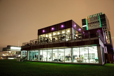 The party ran until 10 p.m., and exterior lights highlighted the building's boxy architecture.