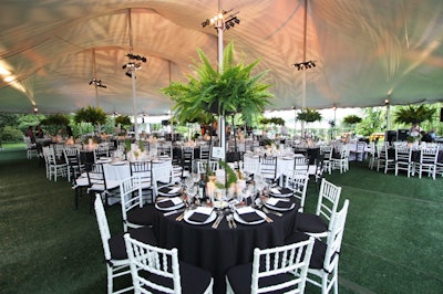 Elevated steel ellipses lifting up plush ferns gave an element of height to the room.