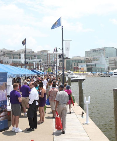 Exhibition booths lined both of National Harbor's marina piers.