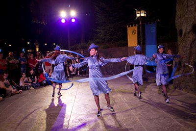 On Wednesday night, performers dressed as students from Beauxbatons, one of the schools that competed in the Triwizard Tournament, re-created the welcoming performance similar to the one in the movie.