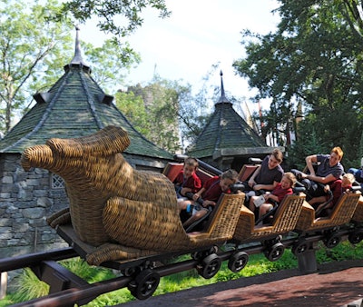 Radcliffe and the Phelps twins rode the park's Flight of the Hippogriff roller coaster with park guests on Friday.