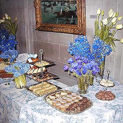 Ron Wendt executed Tentation decor designer Keiko Sato's linen and floral scheme for this table, which was laden with the catering company's buffet of desserts and mini sandwiches.