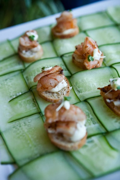 Hors d'oeuvres included blackened shrimp on crostini with prosciutto and mascarpone.