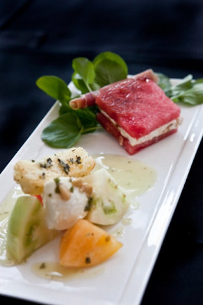 The first course paired heirloom tomatoes, brioche croutons, and fresh mozzarella with a feta-and-watermelon napoleon.