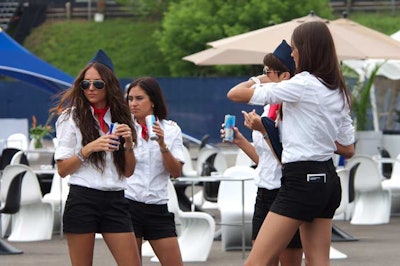 Female Red Bull staffers donned aeronautical-inspired uniforms in all areas of the event.