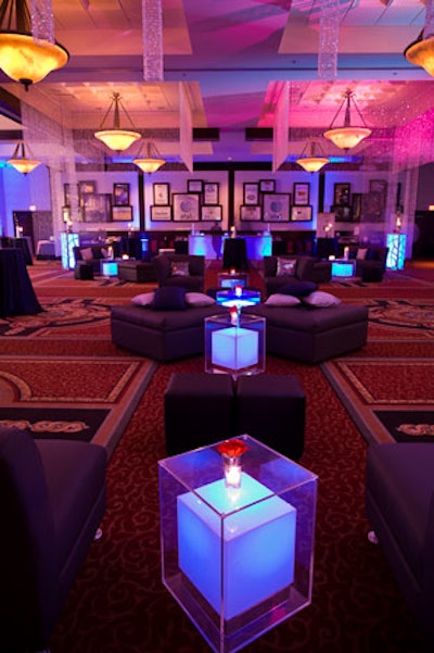 Room Service by AFR Event Furnishings provided slate gray sofas and ottomans for the lounge area of the ballroom.