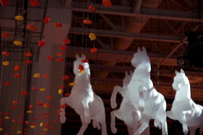Horse sculptures created by installation artist Max Streicher and more than 400 acrylic maple leafs hung from the ceiling inside the pavilion.
