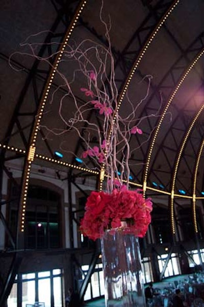 Sinuous branches accented Kehoe's pink floral arrangements.