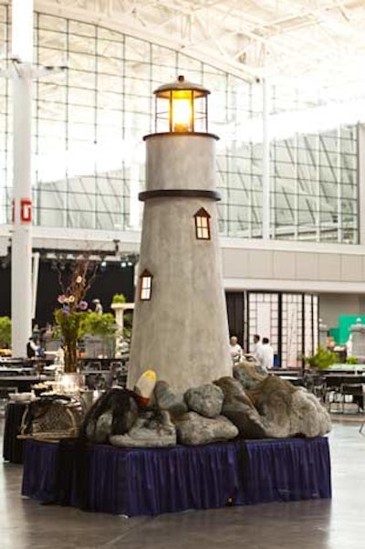 A replica of the Boston Lighthouse provided local flair—and an appropriate setting for a seafood buffet.