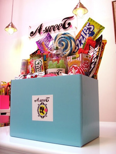 Asweet creates gift baskets to match event themes or palettes.