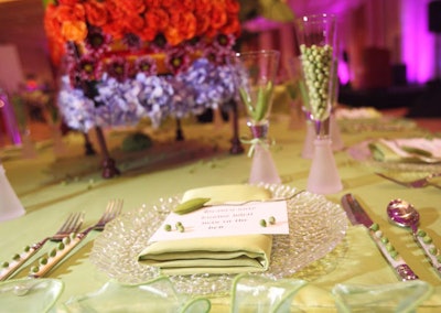 Gloria Rhodes and Capital Party Rentals took the 'Princess and the Pea' theme literally by placing peas and pea pods on the utensils and the menu.
