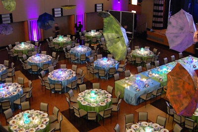 Painted umbrellas hung from the ceiling above the dining tables in the Carlu's Concert Hall.