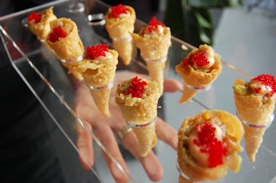 Hors d'oeuvres from L-Eat Catering included tuna tartare in a wonton cone with tomato, avocado, sambel mayo, and red tobik.